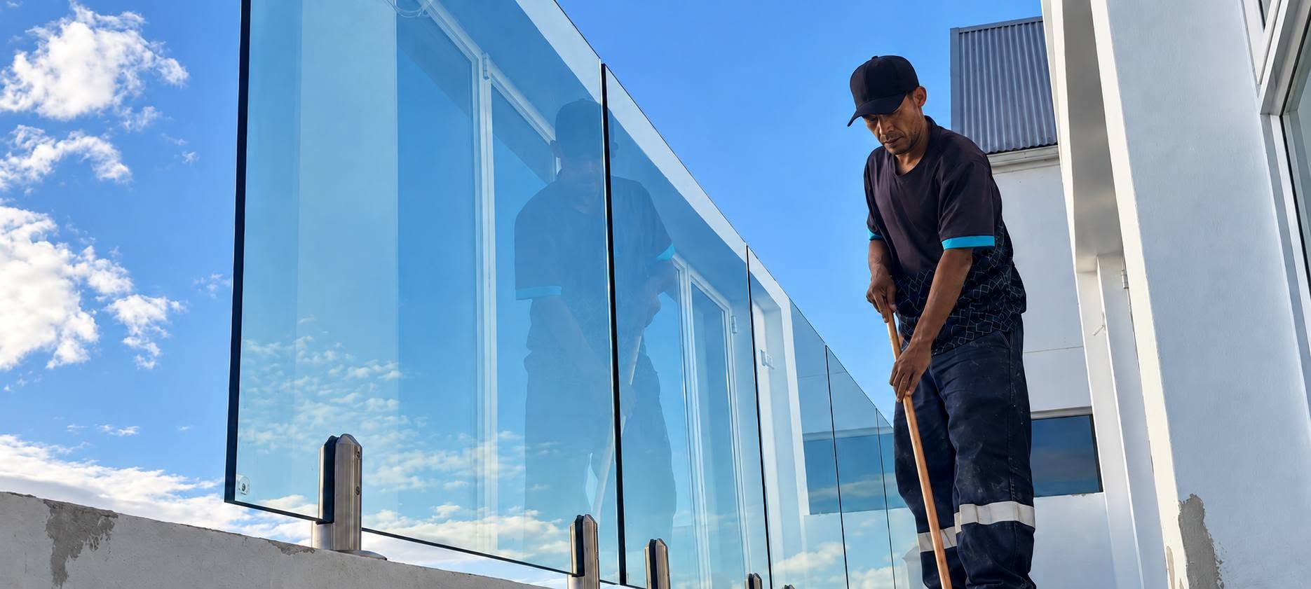 Frameless balustrade going up under a blue sky