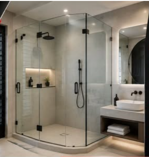 Frameless corner shower with black fittings